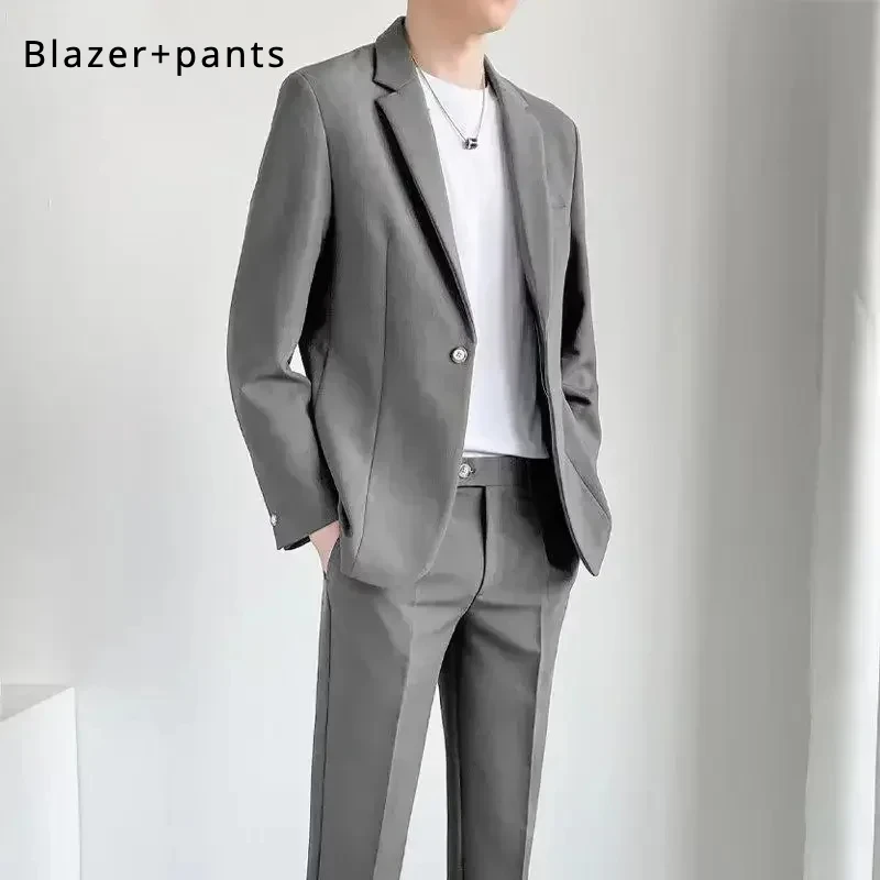 S-5XL High Quality Men's Suit Gentlemen Simple Business Casual Fit Suits 2 Pieces Set Classic Solid Color Jacket （Blazer +Pants）