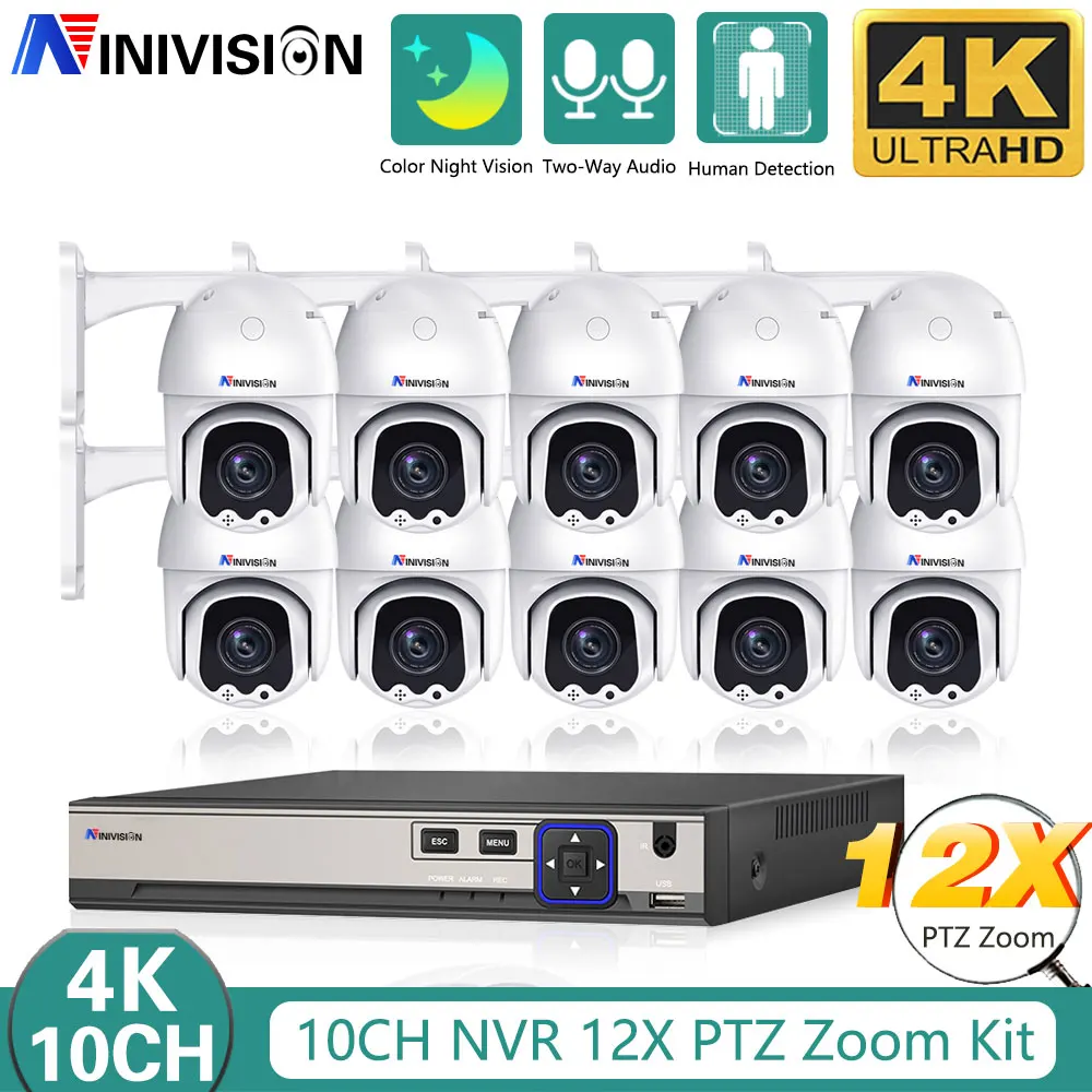 

4K 10CH POE PTZ Security HD 8MP Camera System Outdoor Human Detect Two Way Audio Color Video Surveillance 12X Optical zoom cccam