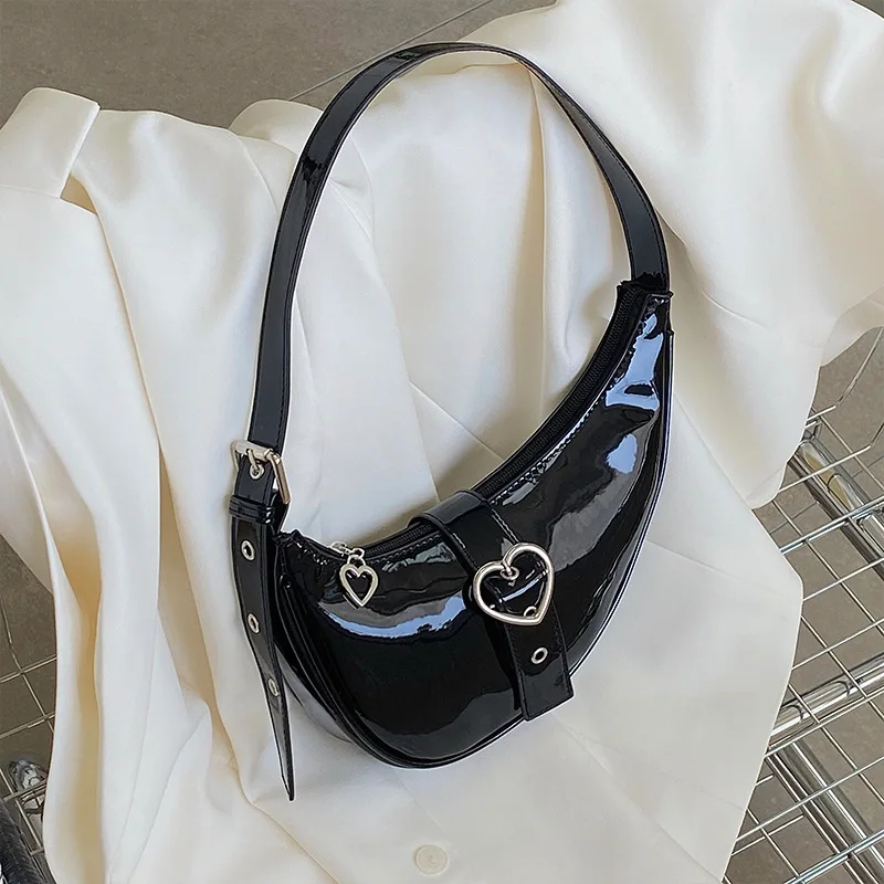 New Fashion Crescent Underarm Bag Women's Chain Bag Versatile Shoulder Bag Spliced Lacquer Canvas Bag Handbag Small Square Bag