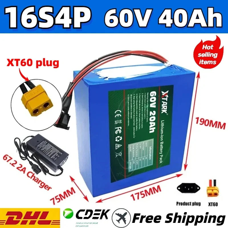 

Original new upgrade XT60 plug 60V 40Ah Long endurance 16s4p 21700 li-ion battery pack with built-in BMS for E-bike motorcycles