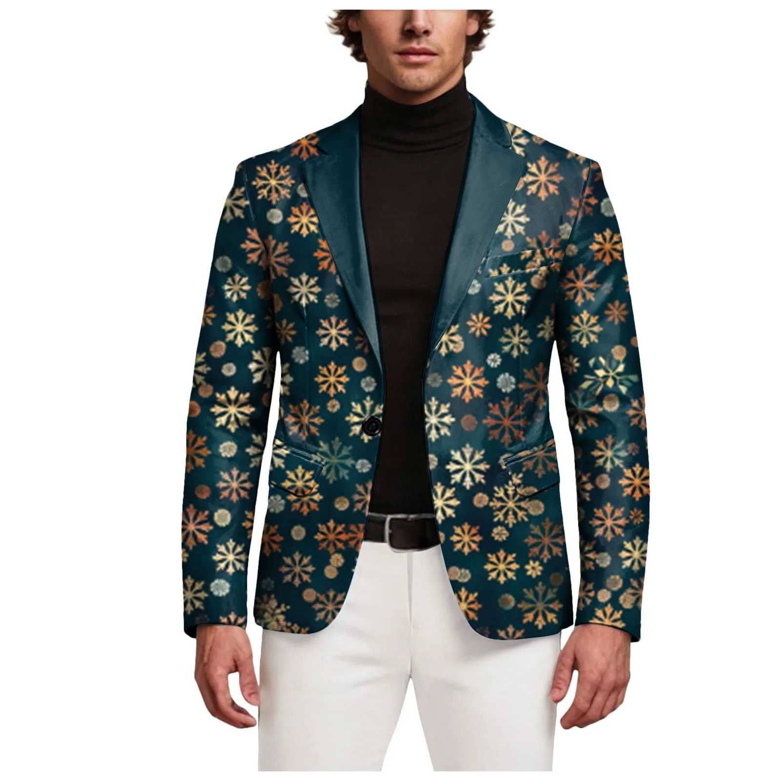 Mens Christmas Suit Jackets Snowflake Christmas Trees Print Blazer Coat Long Sleeve Lapel Button Suit Jacket New Year Blazers