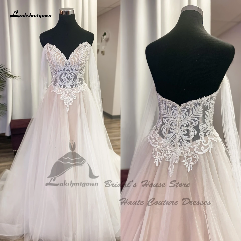 

Lakshmigown розовые пляжные свадебные платья в стиле бохо с открытыми плечами 2024 Vestidos гражданские женские платья невесты кружевной лиф с бисером