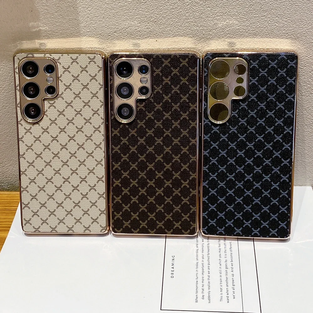 Luxury Gold Plating Glitter Retro Grid Leather Phone Case