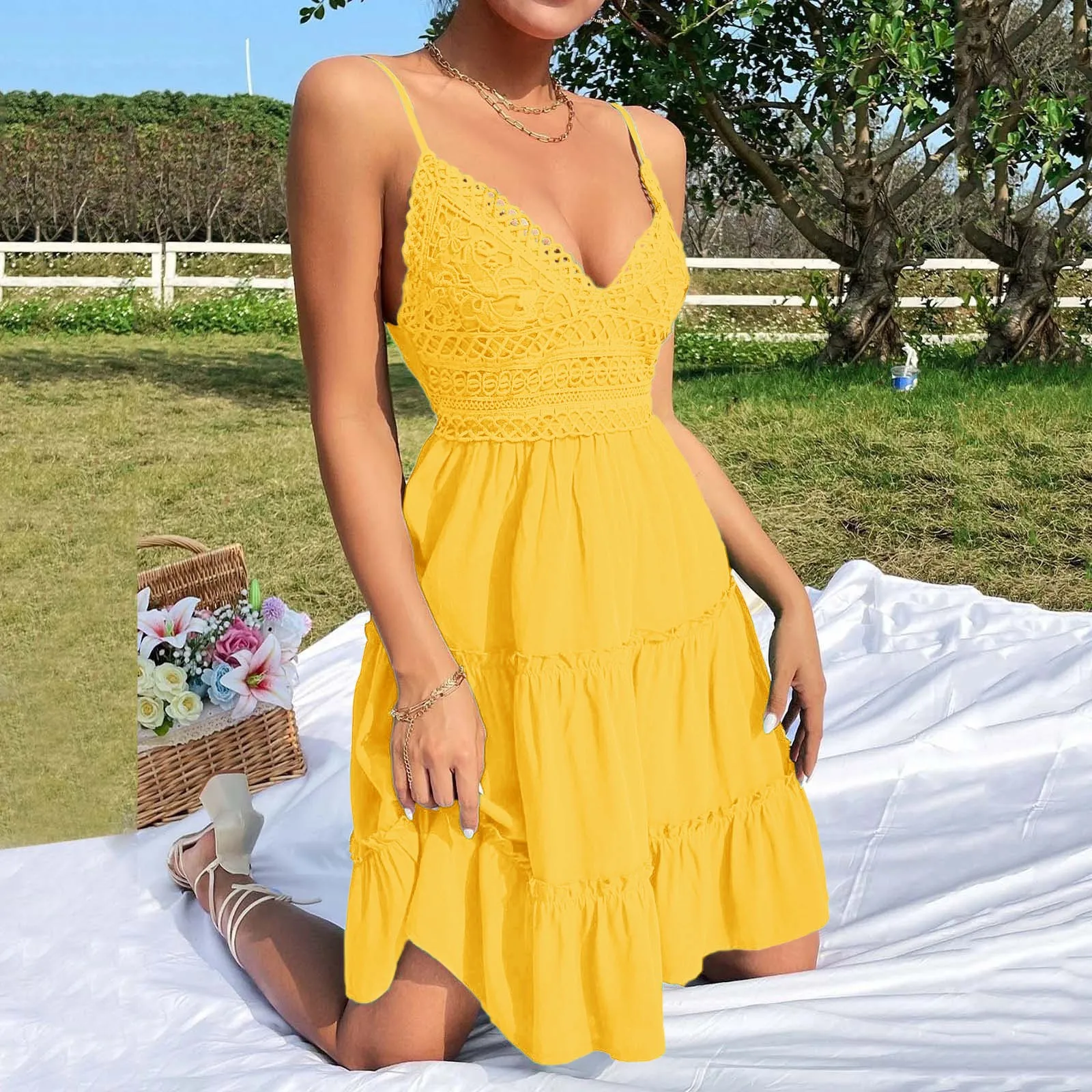 

Women Summer Dresses Solid Color Crochet Spaghetti Strap V-Neck Backless Tied Braces Short Dress for Girls vestidos para mujer