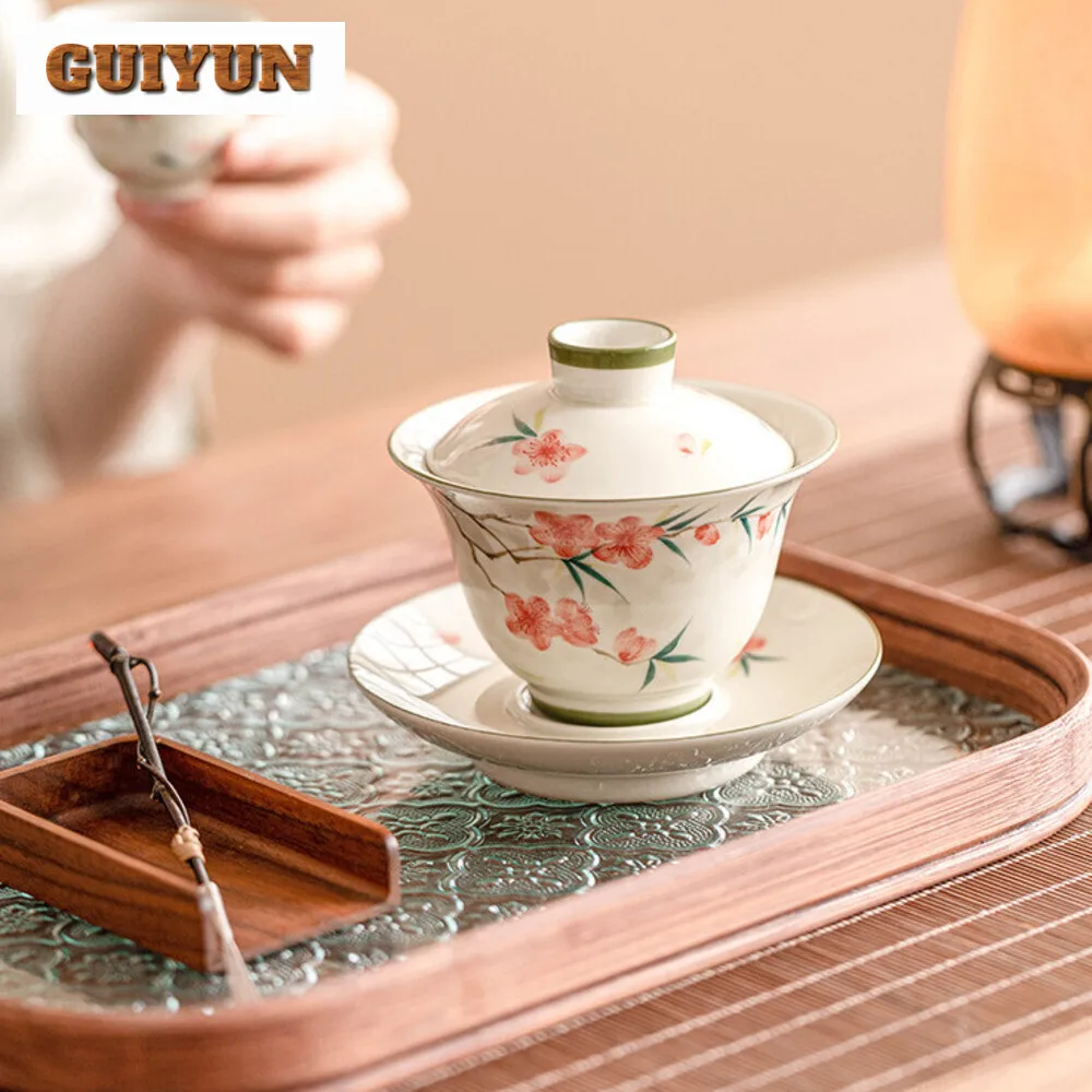 110ml Hand-painted Peach Blossom Gaiwan Traditional Three Talent Tea Tureen Tea Maker Cover Bowl Services Supplies Craft