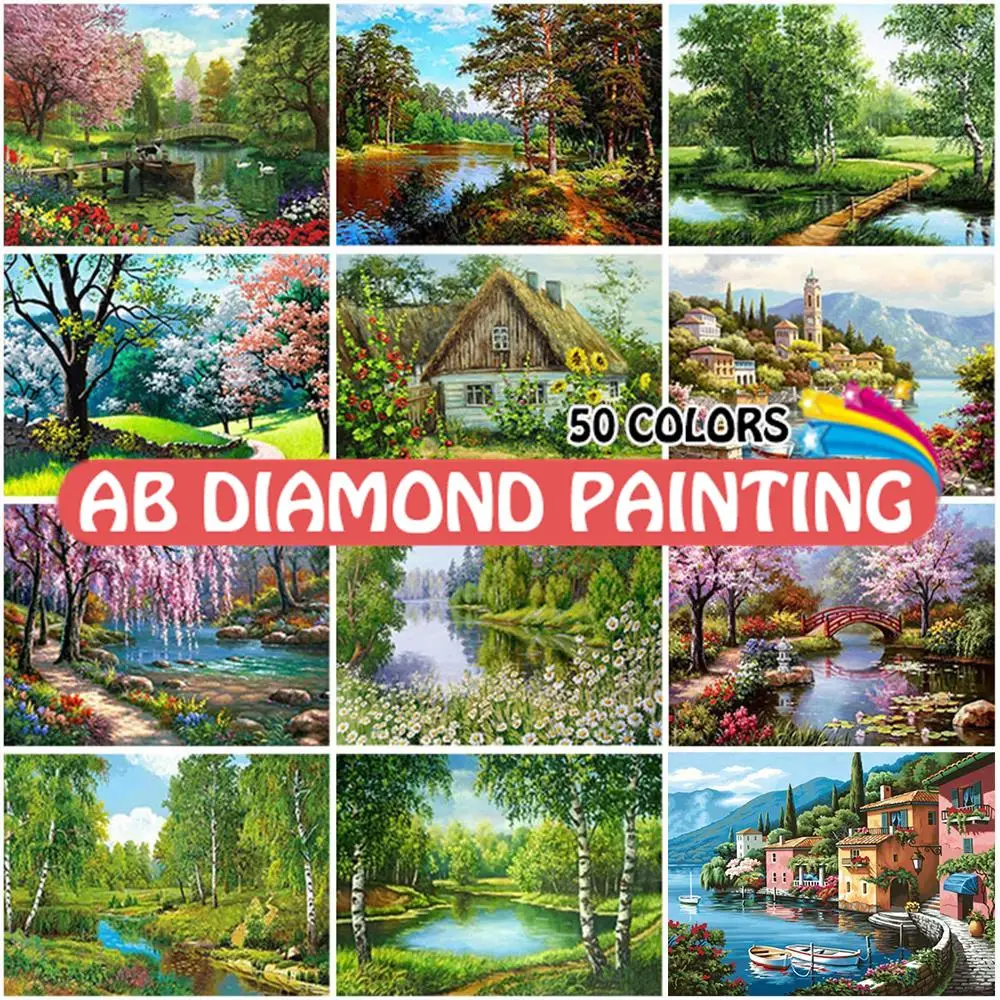 

Алмазная живопись, дерево, растительность, 50 цветов, DIY 5D пейзаж с виллой, мозаика, ландшафт AB, дрель, вышивка, домашний декор, подарок