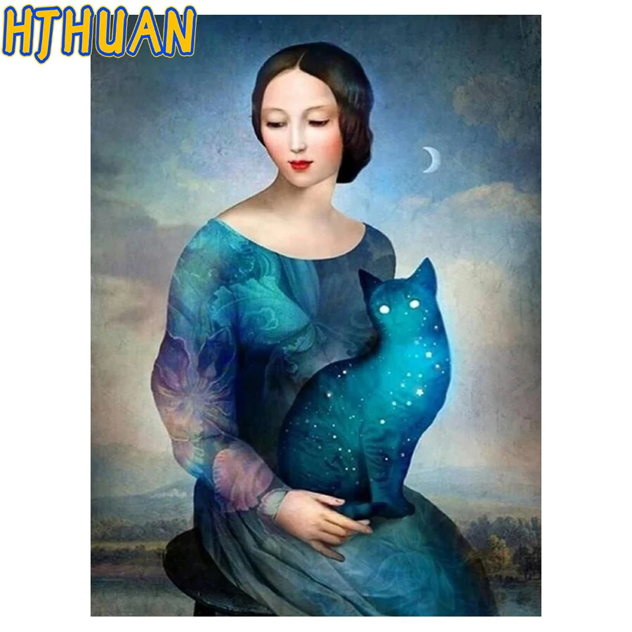 5D Diy Full Drill Round Diamond Painting, Cat Smile, Donna Elegante, Ricamo Cartone Animato, Regali Fatti A Mano Per Bambini, Decorazioni Per La Casa