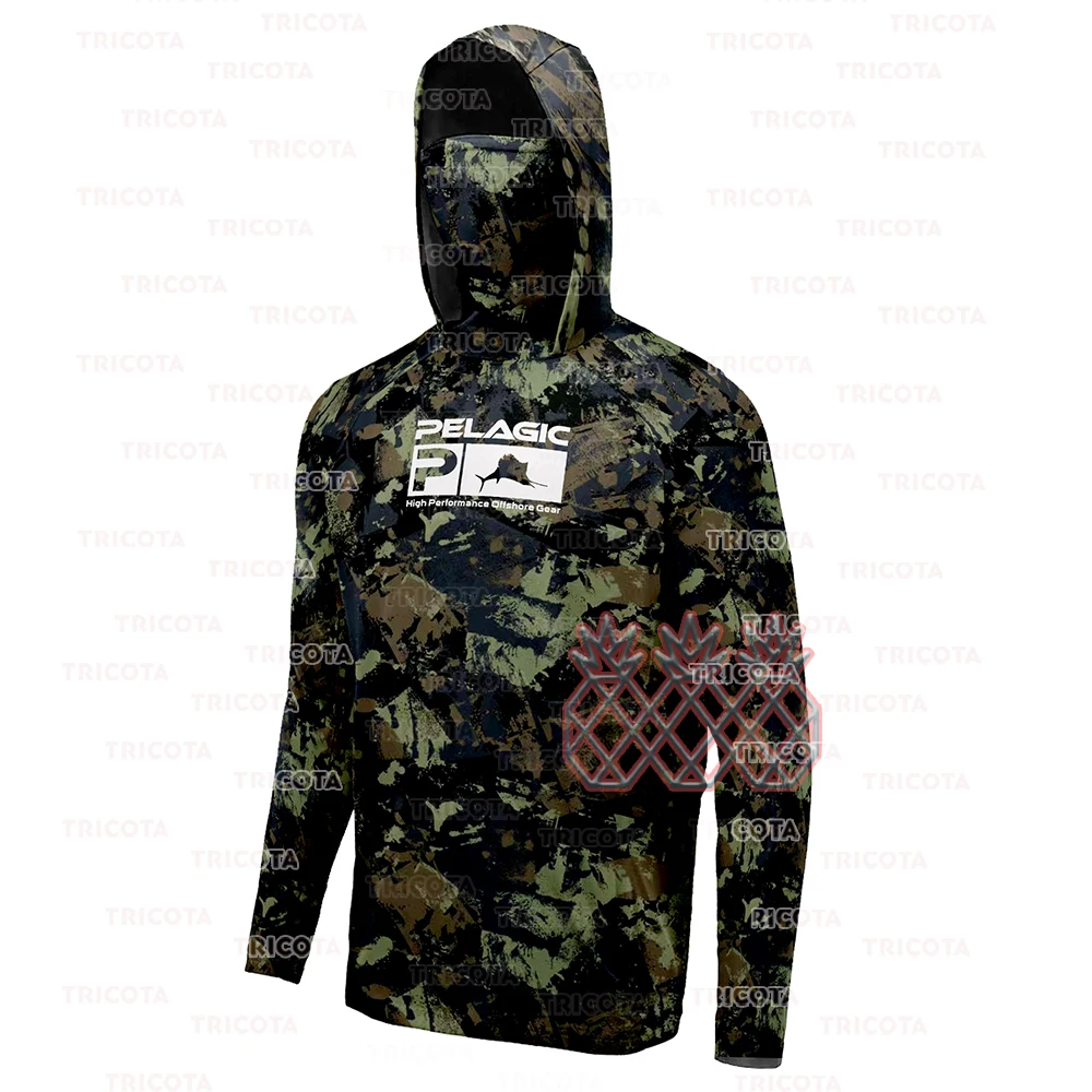 

Pelagic Camouflage Fishing Hoodie Shirts With Mask Uv Neck Gaiter Clothing Men Long Sleeve Breathable Uv Protection Fishing Tops