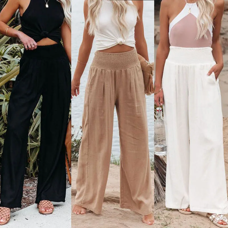 

2023 Spring Summer Women's Cotton Linen Pants Office Lady Elastic Waist Long Pants Casual Solid Loose Wide Leg Beach Trousers
