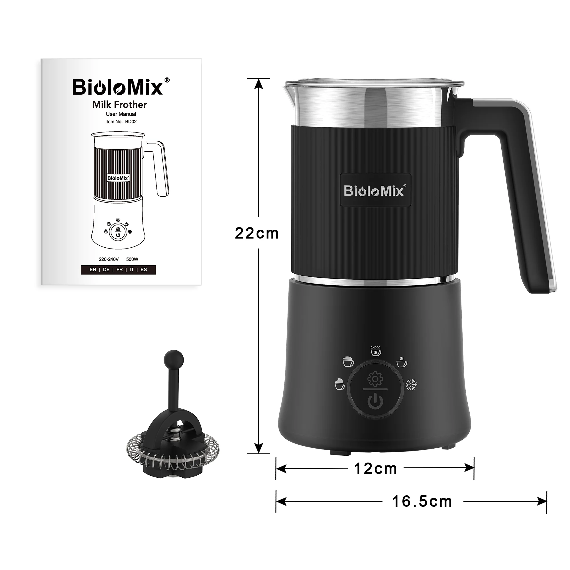 BioloMix 5-in-1 Automatic Hot/Cold Foam and Hot Chocolate Maker,Detachable Milk Frother and Steamer,Dishwasher Safe 6