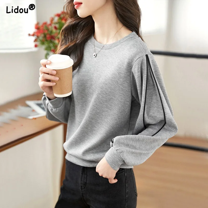 Round Neck Solid Color Simplicity Pullovers Loose Sports Bottoming Blouses 2022 Women's Clothing Autumn Winter Office Lady Tops turn down collar loose pullovers patchwork plaid casual elegant bottoming blouses simplicity women s clothing autumn winter thin