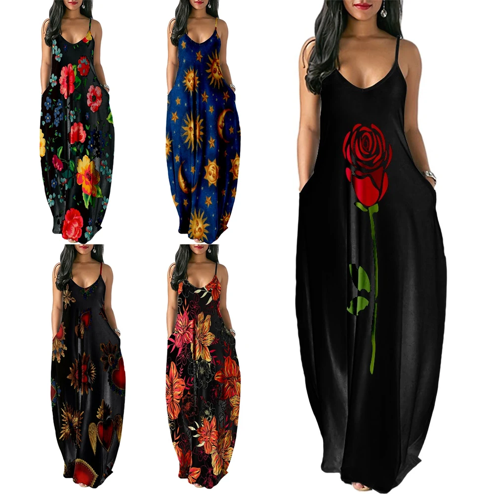 

Sexy Dress Women Deep Spot Wrap Sling Sleeveless Nightclub Summer Beach Dress Long Dress Beach Casual Print Dresses 2022