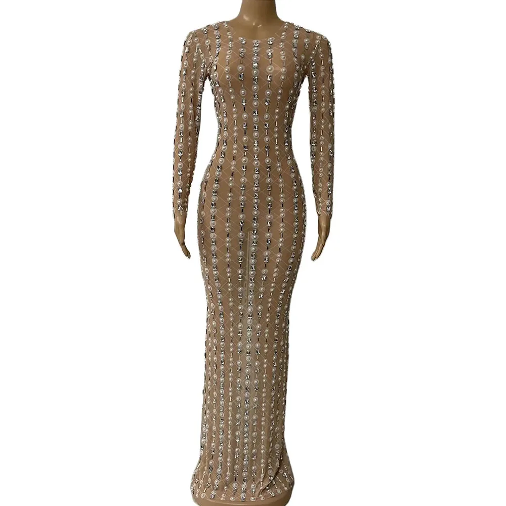 

Модное сценическое серебристое платье с блестящими жемчужинами, женское платье без рукавов, вечерний сексуальный костюм с прозрачными кристаллами, наряд на день рождения