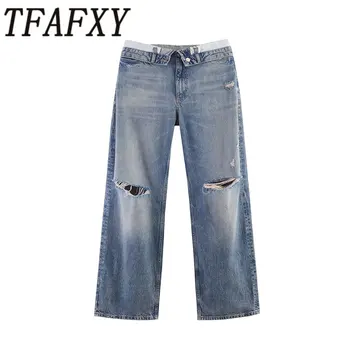 TFAFXY 2026 Spring Women Casual Ripped Holes Denim Fashion Mid Waist Flanging Button Streetwear Long Pants Female Trousers 1