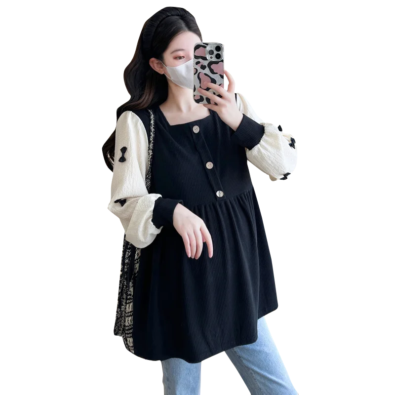Autumn Winter Sweet Fashion Shirts for Maternity Elegant A Line Loose Blouse for Pregnant Women Patchwork Pregnancy Tops