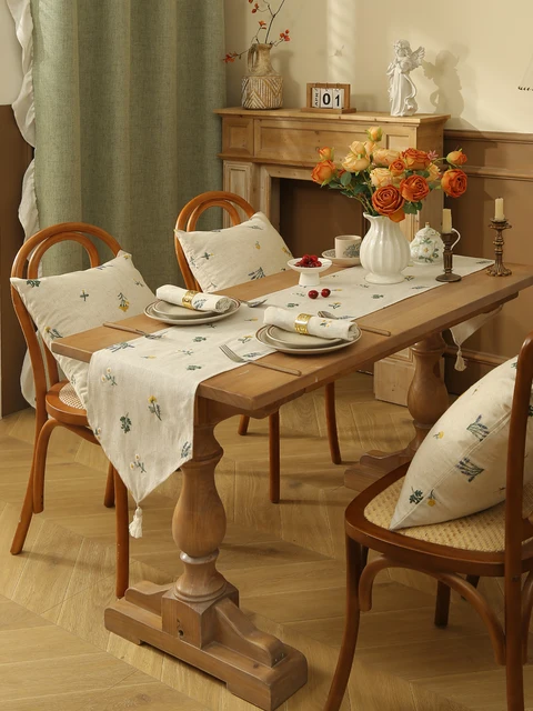 Linen Wheat Fringe Embroidery Pointed Corner Table Flag Rustic Style Table Runner, Kitchen Coffee Table Decoration 1