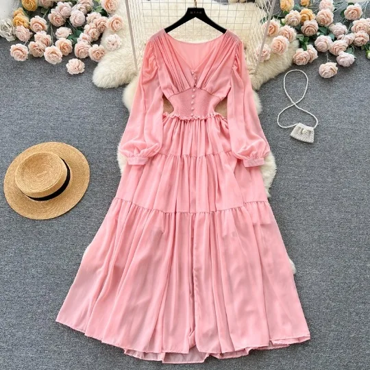 2024 New Spring Autumn Women Sexy V-Neck Long Sleeve Slim Long Dress High Quality Fashion Folds Elegant Big Hem Evening Dress
