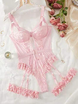 Set di biancheria intima da donna con giarrettiera in pizzo floreale rosso 2 pezzi con girocollo intimo da donna 2022 reggiseno e infradito con ferretto set di biancheria intima da donna 1
