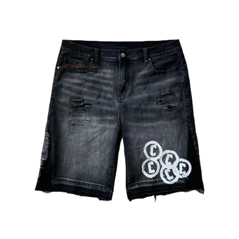 Denim Casual Shorts Men Ins Net Red Letters Patchwork Embroidery Design Denim Shorts American Retro Loose Street Couple Shorts