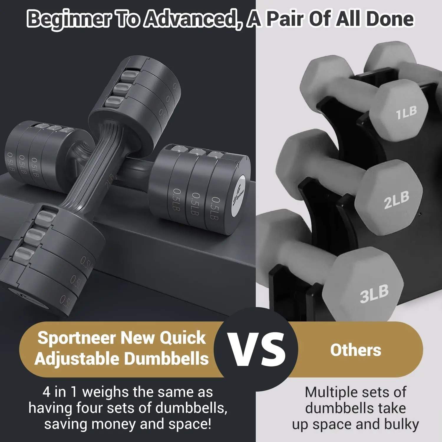 Sportneer Adjustable Dumbbells Hand Weights Set 5 lb Dumbbells Set of 2 Each 2lb 3lb 4lb 5lb Free Weights Fast Adjust Weight 4