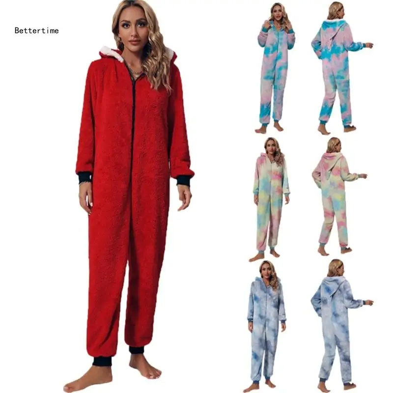

B36D Women Fleece Pajamas Jumpsuit Hooded Zipper Up Christmas Fuzzy Rompers