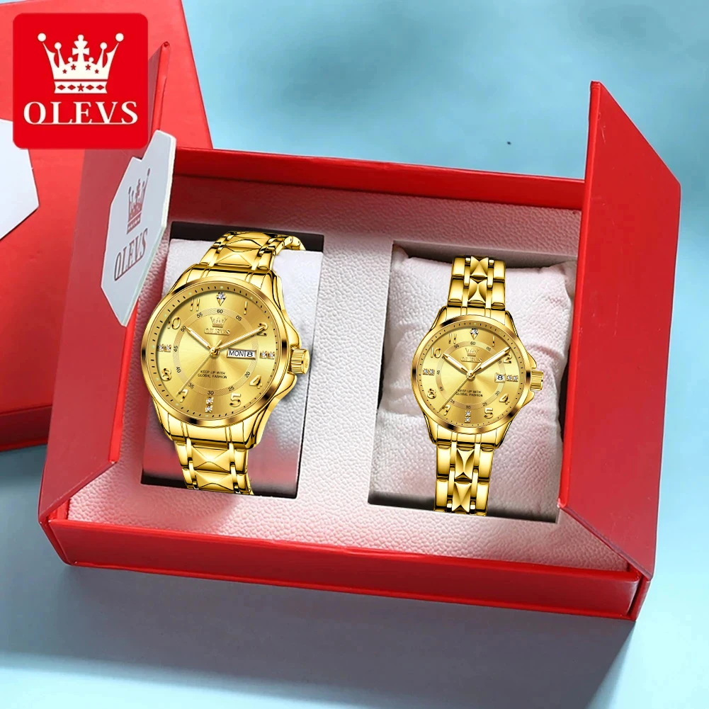 

OLEVS 2910 Luxury Brand Quartz Couple Watch Diamond Waterproof Glow Watch Lover Gift Date Week Clock His or Her Watch Set