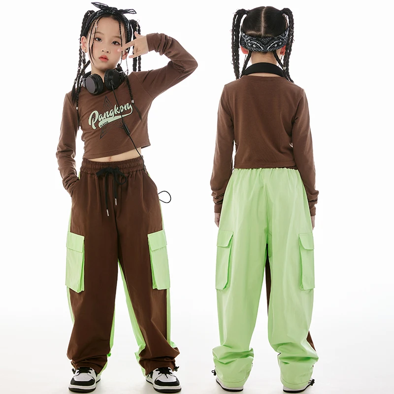 

Girls Jazz Dance Clothes Long Sleeves Cropped Tops Brown Sweatpants Kids Hip Hop Dance Costume Practice Performance Wear BL11930