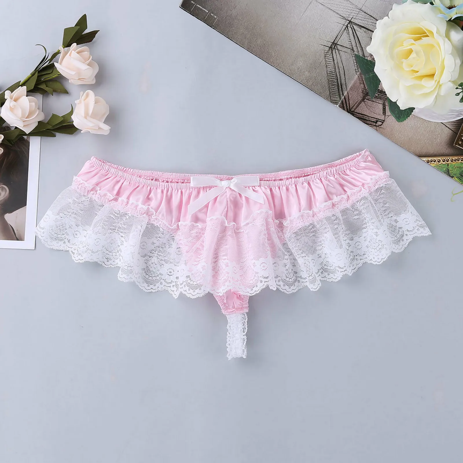 Men Sexy Lace Stitching Transparent Briefs G-string Thong Tanga Underwear Shorts Exotic T-back Open Butt Low Sissy Thongs Briefs