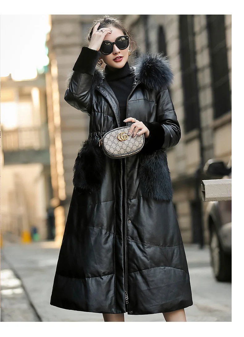 

2024 New Women's Leather Jacket Real Sheepskin Coat Female Hooded Winter Down Jackets Raccoon Dog Fur Collar Mujer Chaqueta Pph1