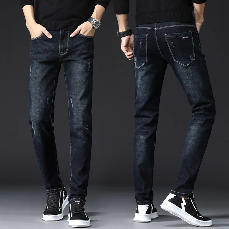 

Men Jeans Elastic Korean Slim Fit Spring Summer New Straight Calf Denim Pants Black Trousers