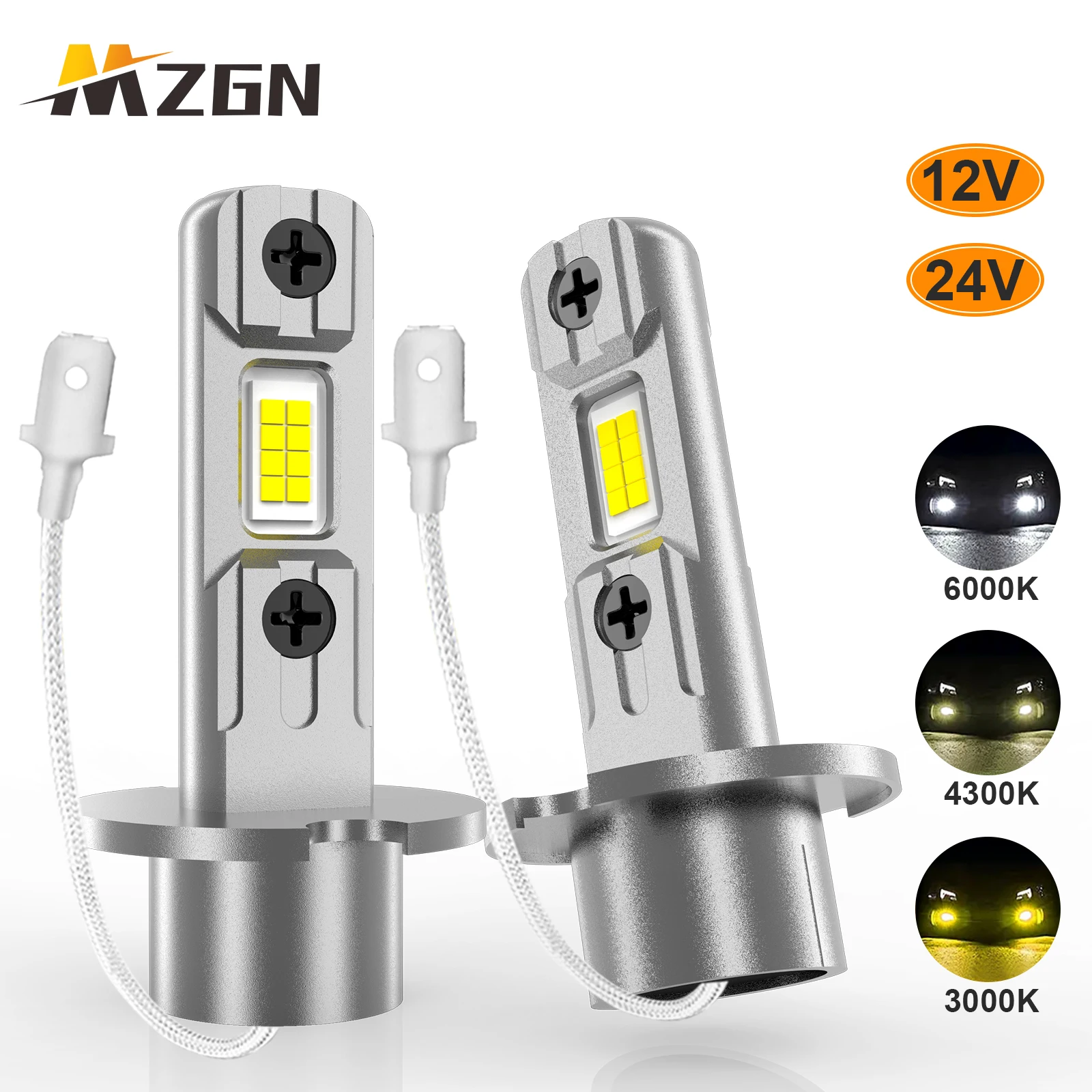 MZGN 2 pièces H3 LED phare de voiture antibrouillard ampoule sans ventilateur feux de jour sans polaire H3 lampe de conduite jaune Super blanc lumineux