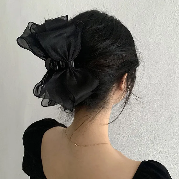 Korea Sweet Mesh Tulle Big Bow Hair Claw Clips for Women White Black Bowknot Hair Clamp Hairpin Headdress Accessories Shark Clip