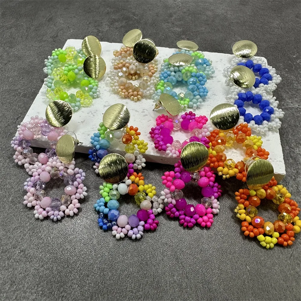 

2023 Trendy Sweet Flower Beaded Circle Earrings for Women Golden Handmade Crystal Twist Korean Fashion Jewelry