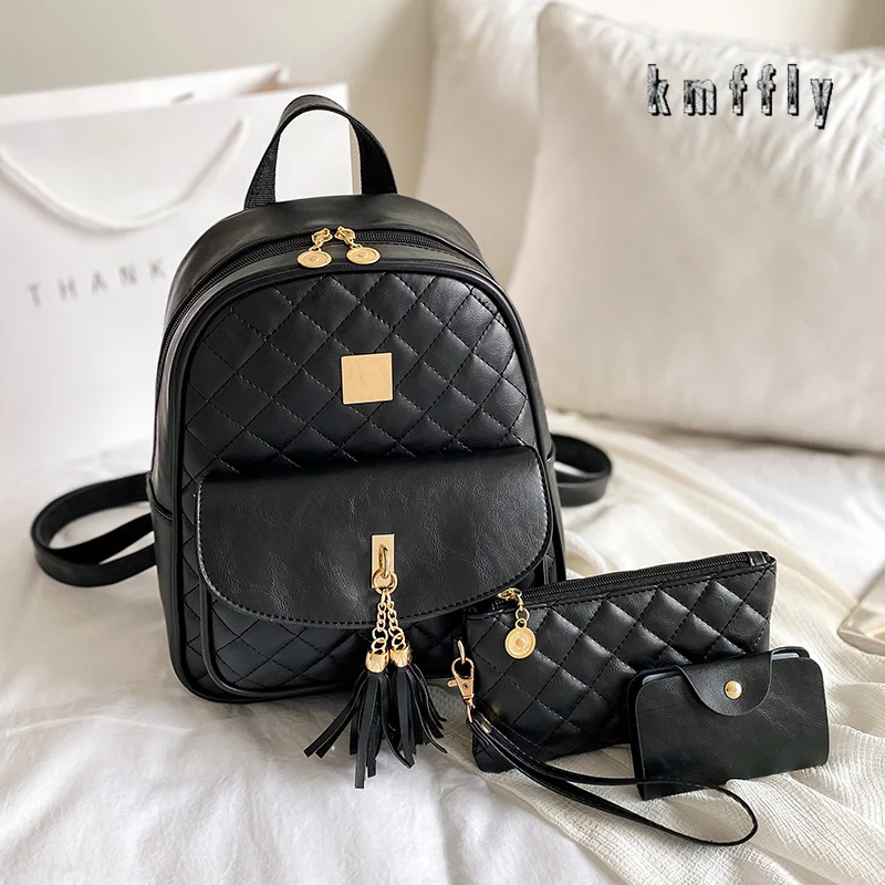 Модные женские рюкзаки, комплект из трех предметов, ромбовидная кисточка, дизайнерские школьные сумки для девочек, черный кошелек, подвесной рюкзак с отделением для карт
