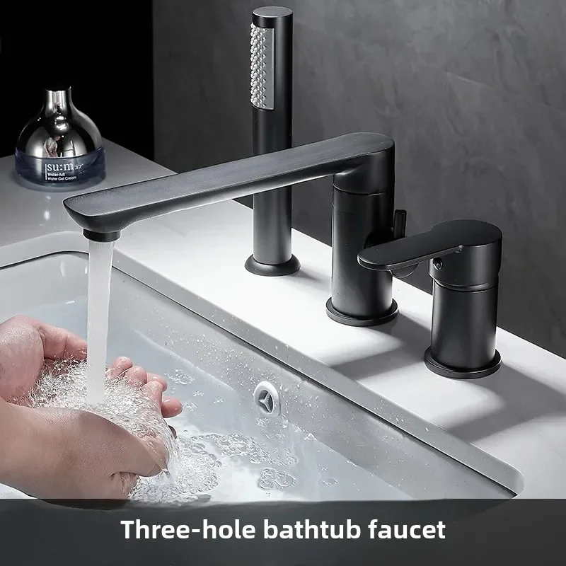 3-Hole Bathtub Faucet in Gold/Black/Chrome Widespread Basin Mixer with Hand Shower Head Hot & Cold Control Bathroom Faucet 4