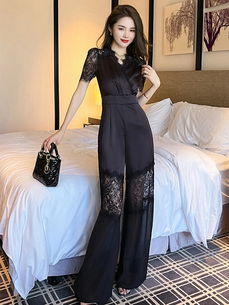 

Retro Fashion Jumpsuit Women Elegant Black Sheer Lace Satin Splice Puff Sleeve Long Pants Mujer Office Lady Party Rompers Outfit