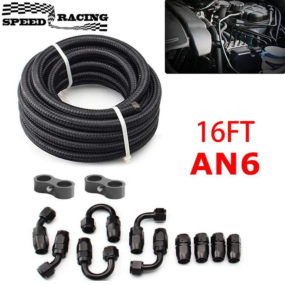 

6AN AN6 Oil Fuel Fittings Hose End 0+45+90+180 Degree Oil Adaptor Kit AN6 Braided Oil Fuel Hose Line 5M/16FT Black With Clamps