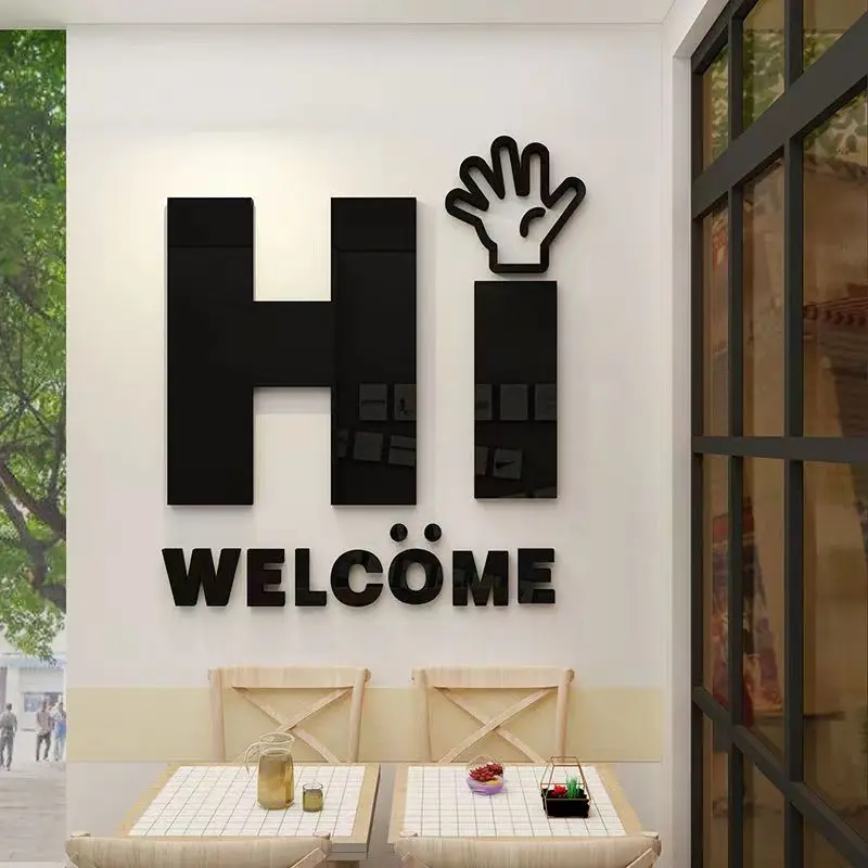 

Creative Acrylic 3D Wall Sticker with Hi Welcome Letter Barbecue Shops Photography Area Mirror Walldecal Wall Decoration