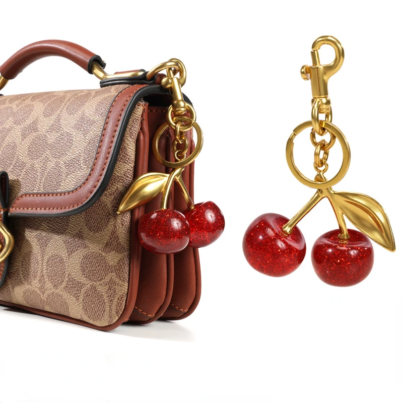 18K Gold Plated Cherry Bag Charm, Cherry Keychain Accessory