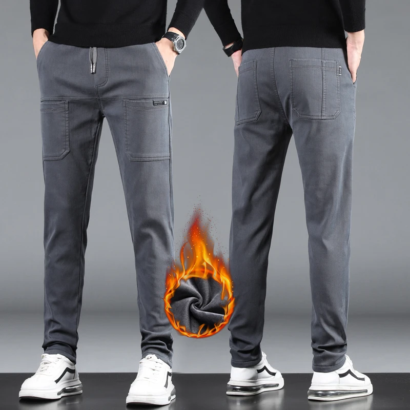 CUMUKKIYP Winter Warmth: Thickened and Fleece-lined Men's Denim Pants