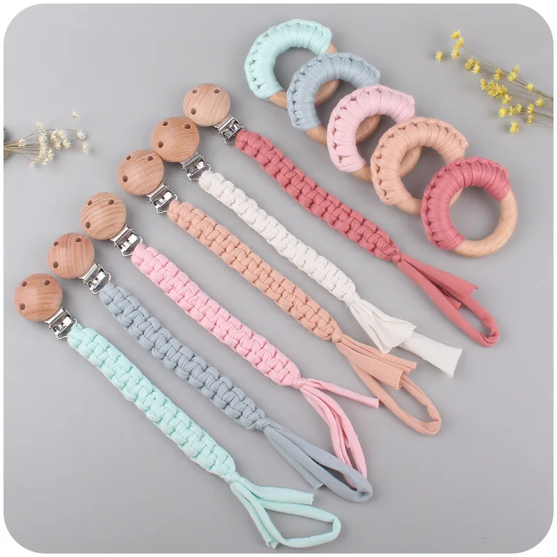 

New Baby Pacifier Clips Teethers Wooden Ring Set Soothing Cotton Weave Teething Toys Dummy Nipple Holder Chain Newborn Chew Gift