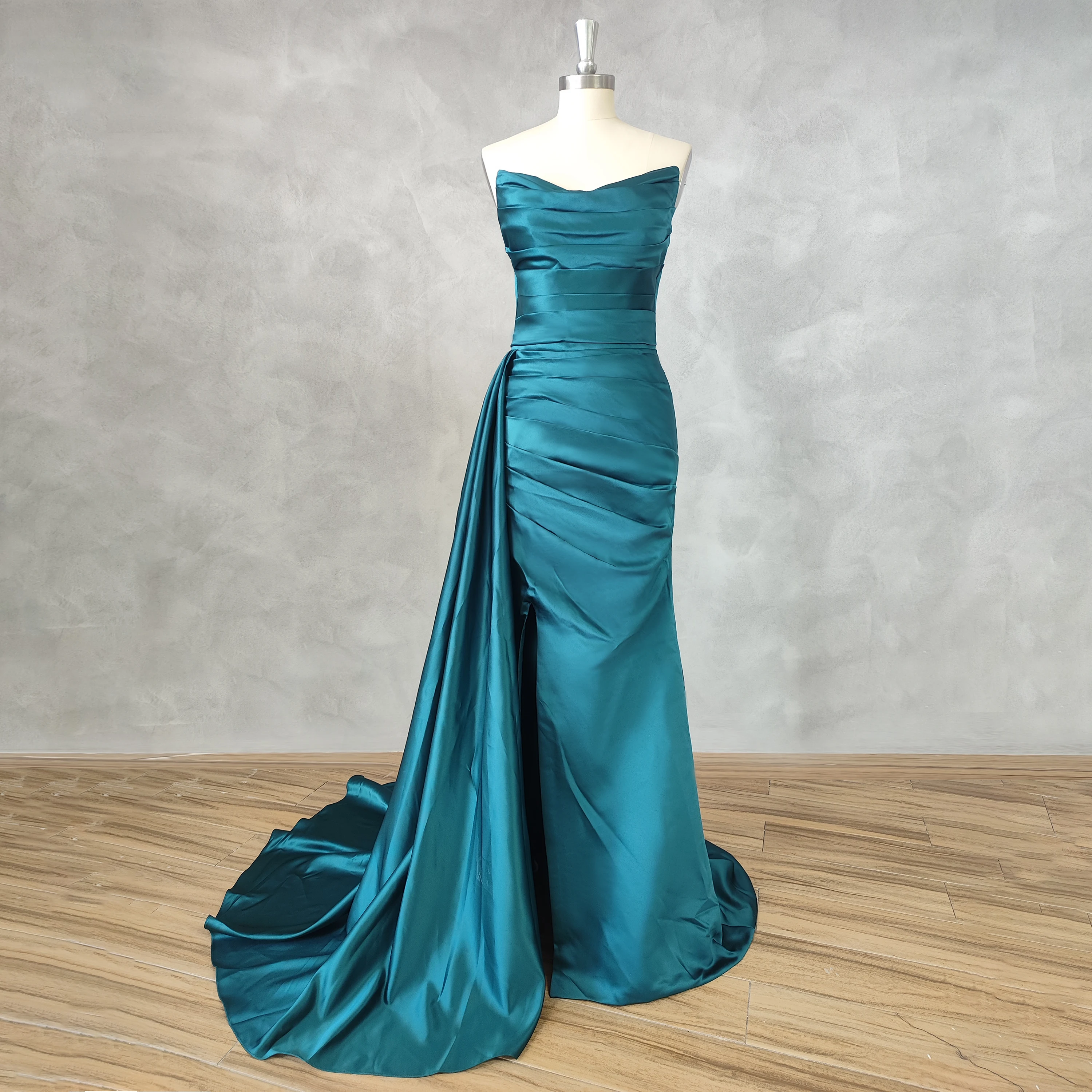 

DIDEYTTAWL Real Photos Peacock Blue Sleeveless Ruched Satin A-Line Sheath Prom Modern Dress High Side Slit Zipper Party Gown