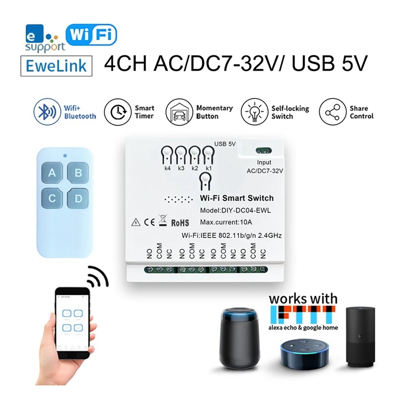 4Ch Ewelink Wifi Smart Switch + Remote Usb 5V 2.4G Wifi Home Automation Module Per Iftt Alexa Google Home