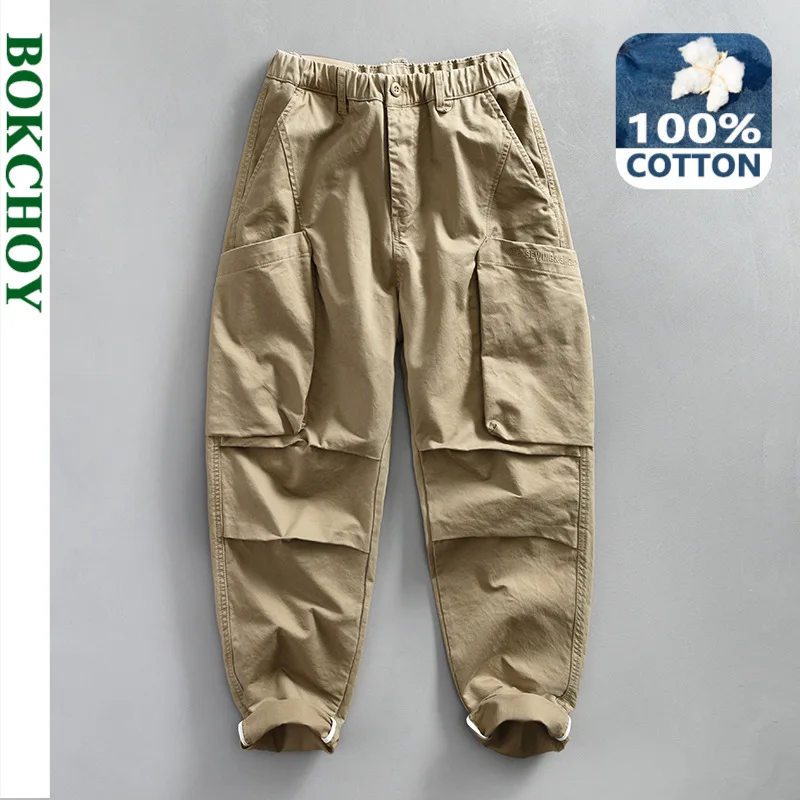 

2024 Spring New 100% Cotton Casual Cargo Pants for Men Solid Color Big Pocket Elastic Waist Trousers Streetwear Men ATZ655