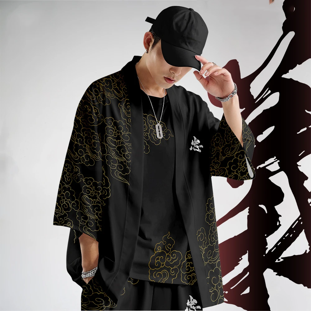 Summer Black Print Men's Kimono Top Set Loose Kimono Casual Fashion Jacket and Pants Japanese Casual Cropped Pants Oversized 6Xl