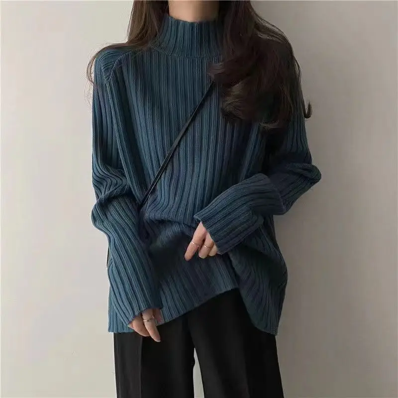 

Outer Wear Soft Glutinous Retro Inner Wear Sunken Stripe Sweater Autumn Winter New 2023 Half Turtleneck Bottoming Sweater Women