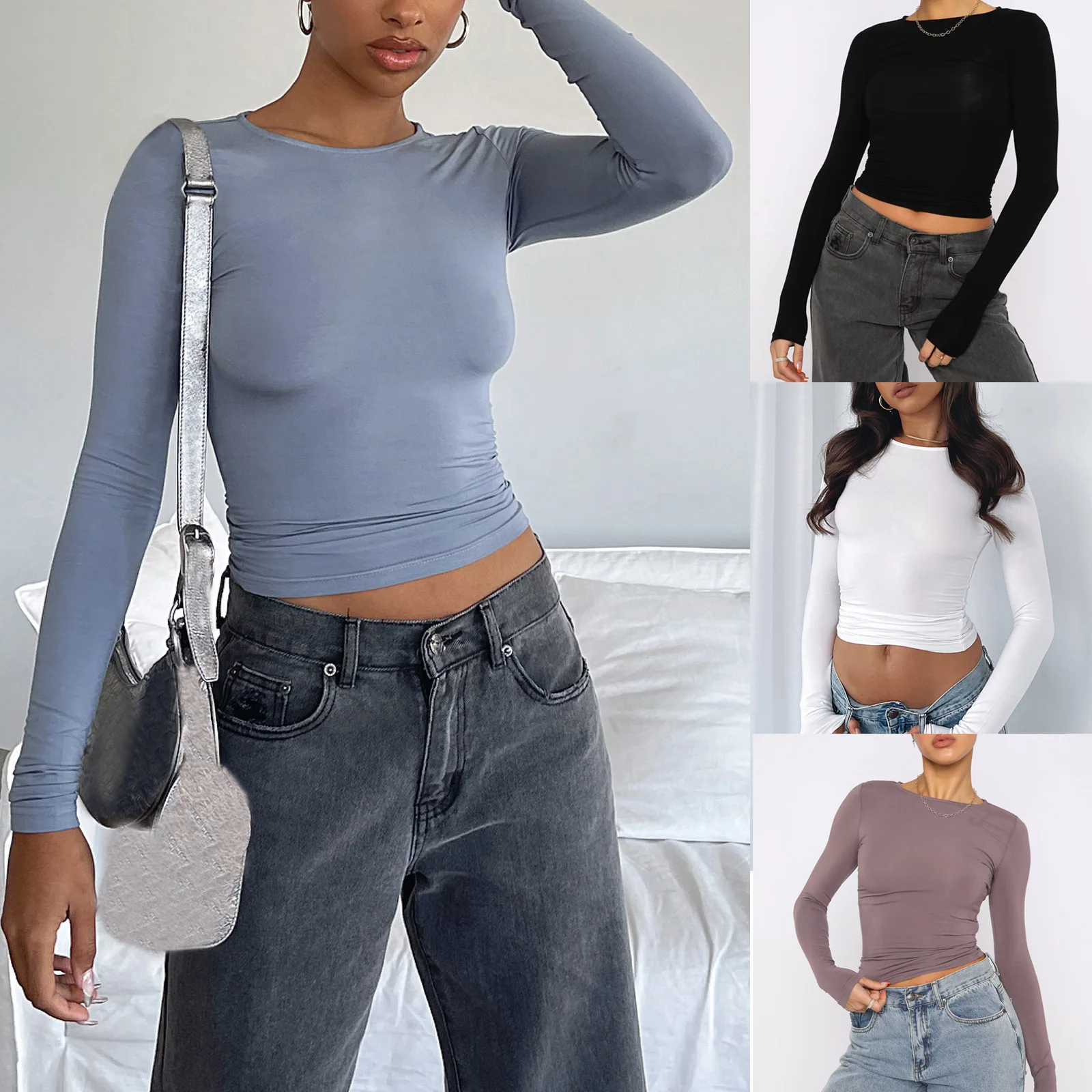 

Women Sexy T-shirt Femal Long-sleeved Top Tees Lady Round Neck Shirts 2023 Spring Summer Trendy Casual Short Pullover Clothing