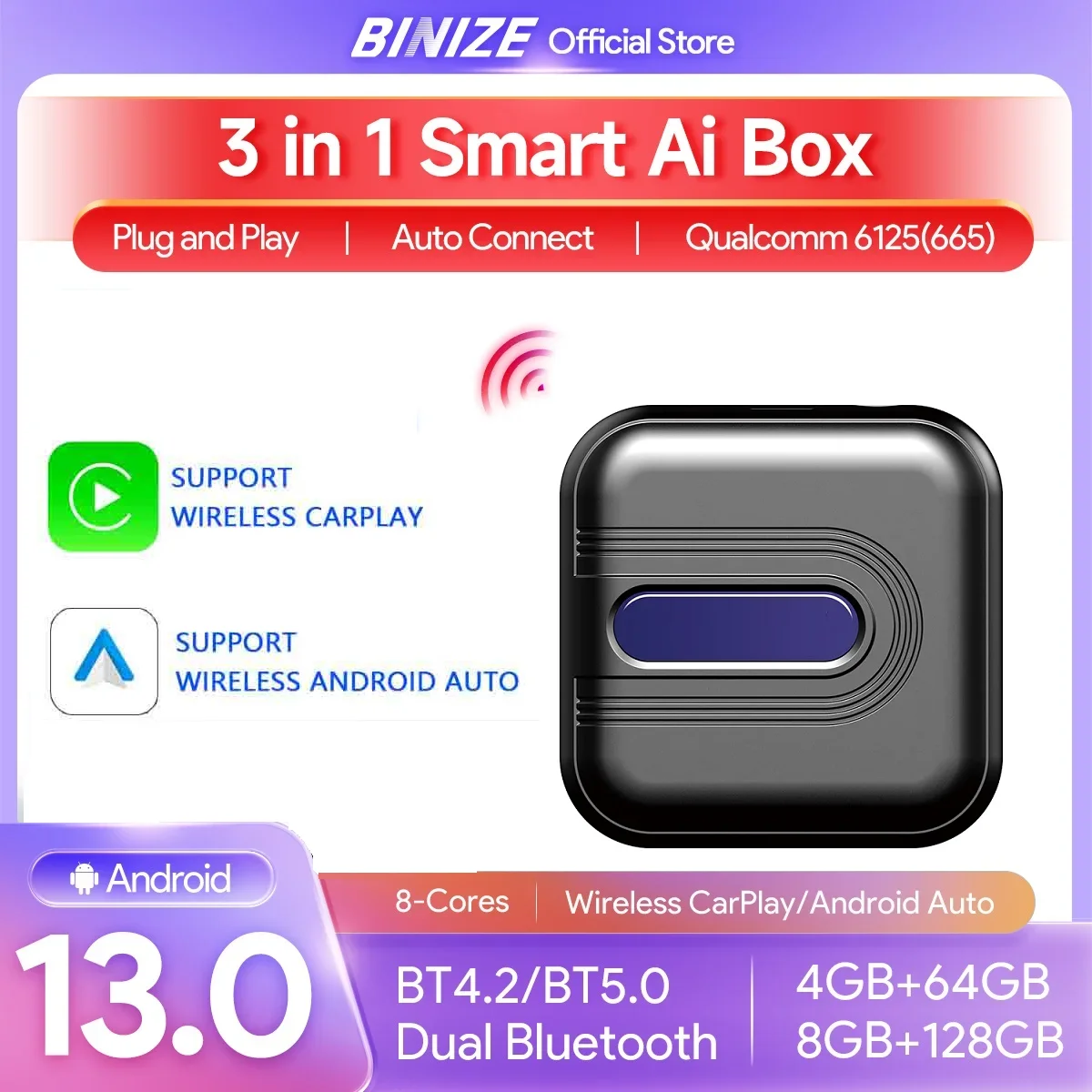 

Binize CarPlay Ai Box Android 13 Netflix YouTube Wireless Carplay Android Auto QCM6125 8-Core 4G LTE for VW Kia Toyota