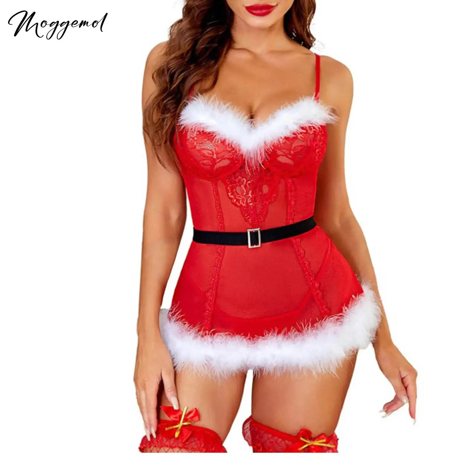 

Women Sexy Christmas Lingerie Costume Holiday Santa Claus Dress Feather Trim Sheer Lace Dress Teddy Babydoll for Club Party