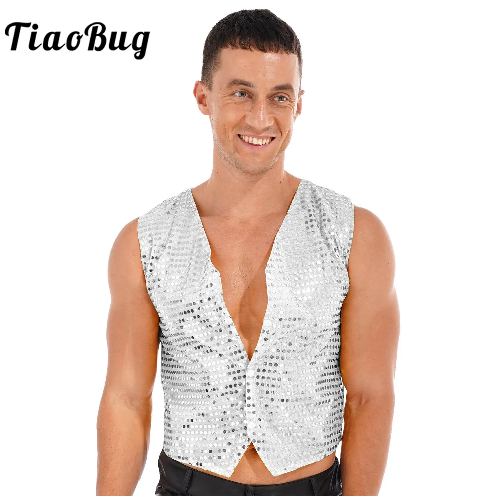 

Fashon Men's Vests Sequins Sleeveless Vest V Neck Waistcoat for Magic Show Festival Party Costumes Stage Performance Tops